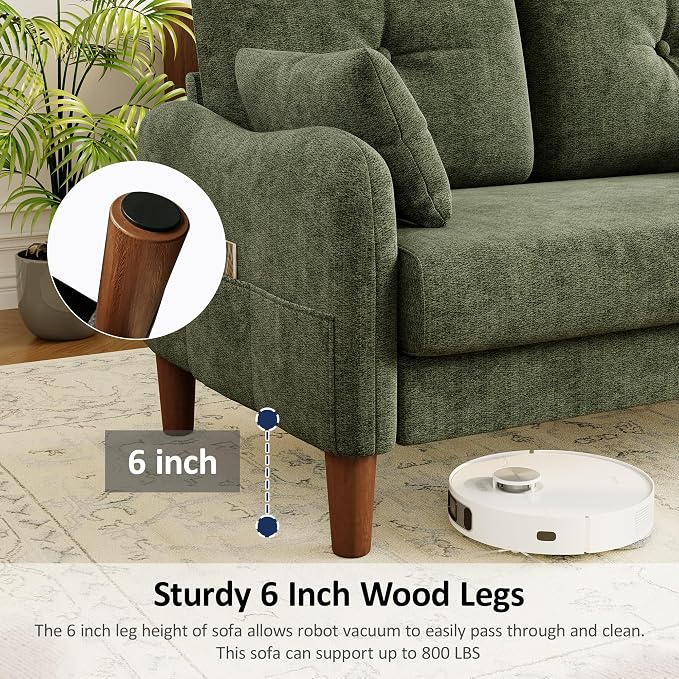 Vipbear 48" Loveseat Sofa,Modern Small Couches for Small Spaces,Green Chenille Love Seat Couch for Living Room,Bedroom,Apartment,Office,Deep Seat,Throw Pillow,Side Pockets,Curved Armrest
