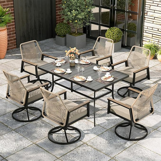 MIXPATIO 7 Pieces Outdoor Patio Dining Set, Rectangular Metal Patio Table with Umbrella Hole, 6 x Swivel Rope Rattan Chairs with 3.2" Cushion for Yard, Porch, Beige