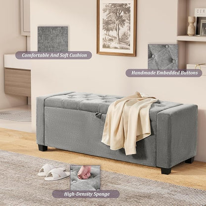 Royal Windsor Ottoman with Storage,Tufted Storage Bench with Safety Hinge,Holds up to 350 lb,Upholstered Bench with Seating for Bedroom, Living Room,Entryway,Linen Light Gray