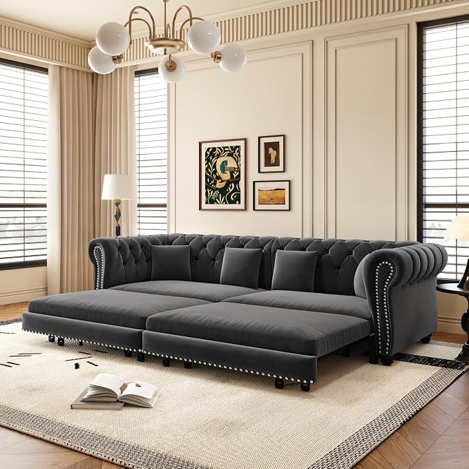 89'' Pull Out Sofa Bed King, Chesterfield Velvet Sleeper Sofa, Convertible L-Shaped Futon Couch, Tufted Back, 4 Pillows, Ottoman, Deep Seat Loveseat Couches for Living Room, Apartment, Gray