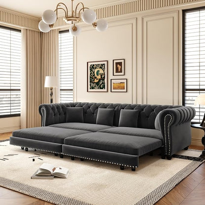 89'' Pull Out Sofa Bed King, Chesterfield Velvet Sleeper Sofa, Convertible L-Shaped Futon Couch, Tufted Back, 4 Pillows, Ottoman, Deep Seat Loveseat Couches for Living Room, Apartment, Gray