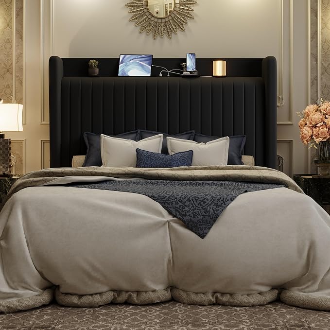 SHA CERLIN Full Size Velvet Bed Frame with USB Charging Station, Wingback Storage Headboard, Upholstered Platform Bed with Wooden Slats Support, No Box Spring Needed, Easy Assembly, Black