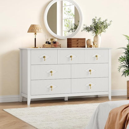 GarveeHome Fluted Dresser for Bedroom, 54 Inch Wide 7-Drawer Wood Dresser, Modern Chest of Drawers, Storage Organizer Cabinet for Living Room, Hallway, Entryway, White