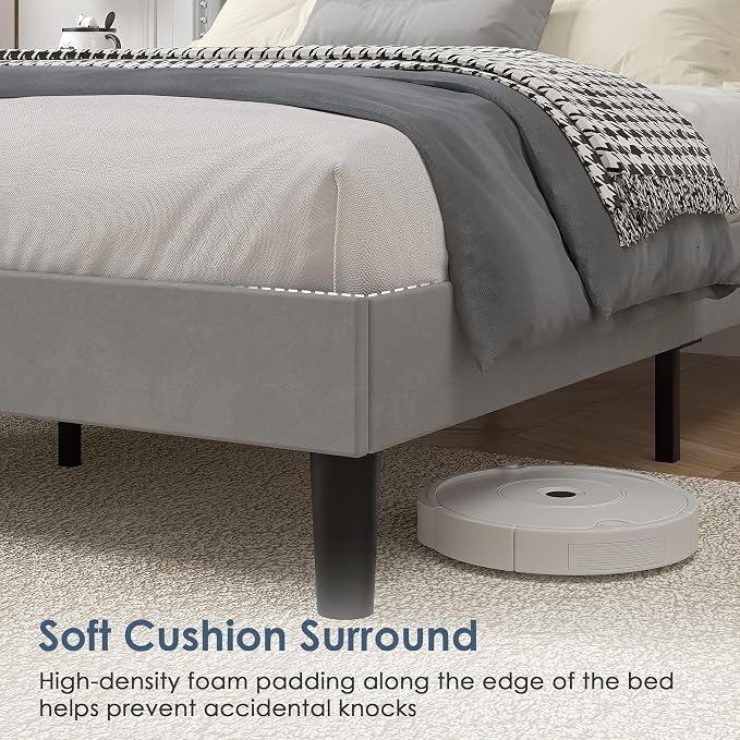 VECELO Queen Size Platform Bed Frame with Height Adjustable Upholstered Headboard, Modern Mattress Foundation,Strong Wood Slat Support, No Box Spring Needed, Easy Assembly,Light Grey