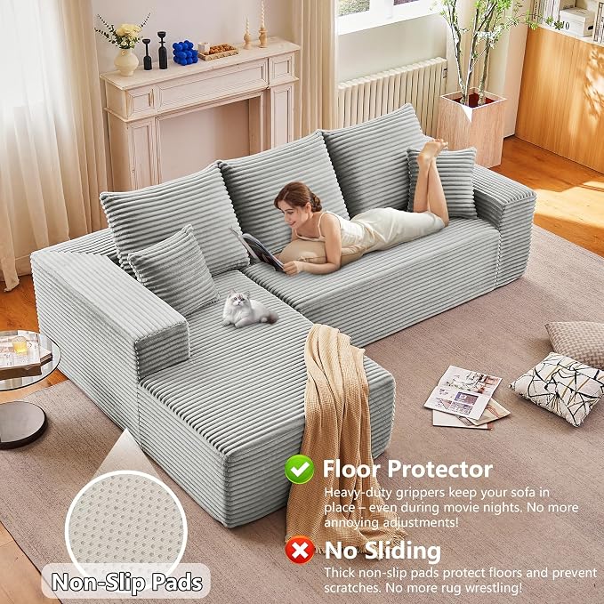 96" Modular Sectional Sofa, Modern Corduroy Cloud Couch with Deep Seat, Boneless Couch Upholstered 3-Seater L-Shaped Sofa for Living Room, No Assembly Required (Light Gray, Left-Facing Chaise)