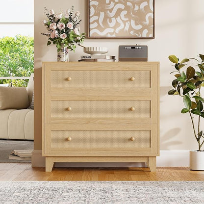 Rattan 3 Drawer Dresser for Bedroom, Small Boho Dresser with Wood Handles, Wood Nightstand, 29.52" Wide Modern Dresser, Chests of Drawers for Living Room, Entryway, Hallway, Natural Oak