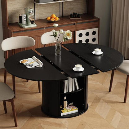 47''-63'' Extendable Round Dining Table for 4-6, Round Dining Room Table with Hidden Storage, Modern Wooden Kitchen Table with Fluted Sliding Door Cabinet for Dining Room Kitchen, Black