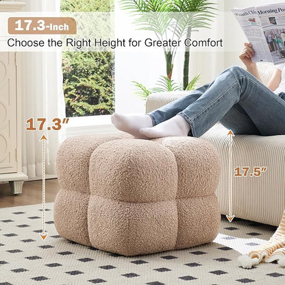 Zesthouse Square Pouf Ottoman Footstool, Modern Backless Vanity Stool for Bedroom, Tan Fuzzy Foot Rest for Couch, Upholstered Tufted Footstool, Sherpa Fabric Ottoman Coffee Table for Living Room