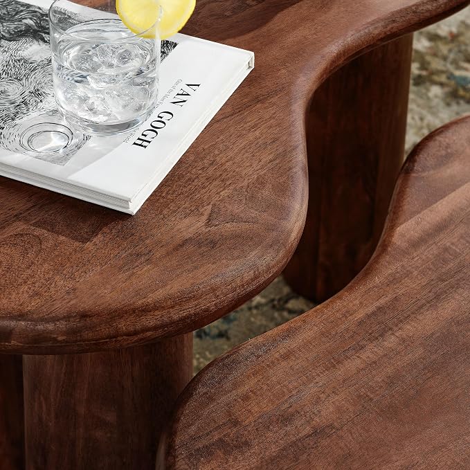 Modway Hackney Mango Wood Nesting Coffee Table Set in Walnut - 2 Piece Kidney-Shaped Wood Coffee Table for Living Room