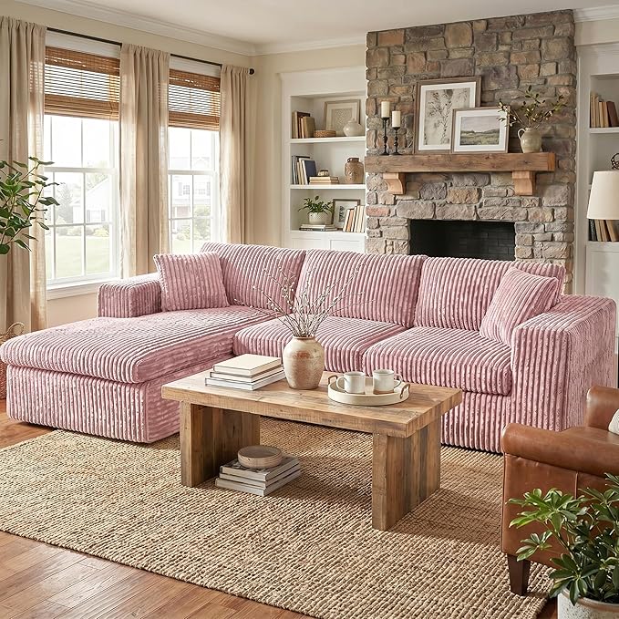 Shintenchi Boneless Couches for Living Room,Modular Sectional Sofa with Deep Seat,Memory Foam Cloud Couch with L Shaped Oversized Chaise,No Assembly Needed Plush Corduroy Sofa,Pink