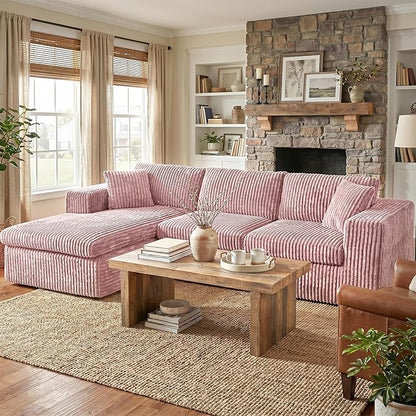 Shintenchi Boneless Couches for Living Room,Modular Sectional Sofa with Deep Seat,Memory Foam Cloud Couch with L Shaped Oversized Chaise,No Assembly Needed Plush Corduroy Sofa,Pink