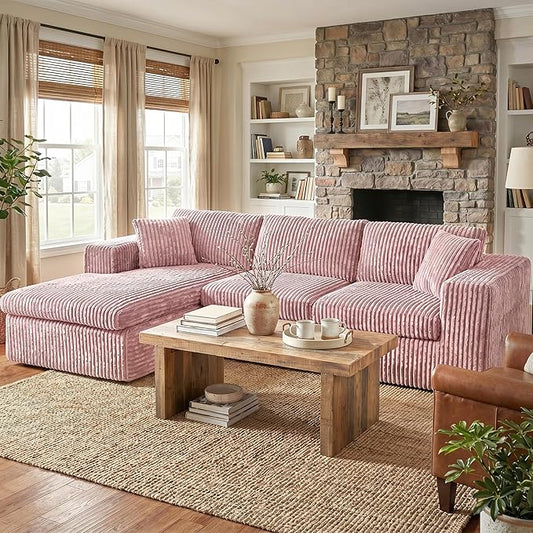 Shintenchi Boneless Couches for Living Room,Modular Sectional Sofa with Deep Seat,Memory Foam Cloud Couch with L Shaped Oversized Chaise,No Assembly Needed Plush Corduroy Sofa,Pink