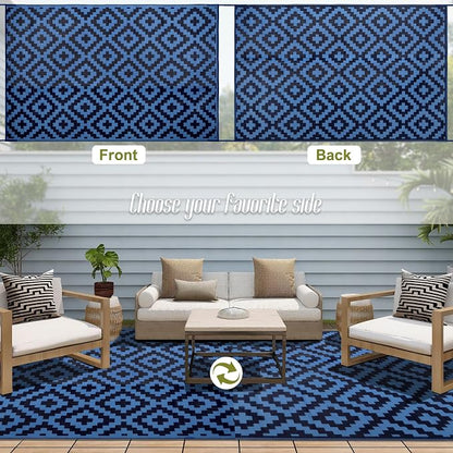 SAND MINE Reversible Mats, Plastic Straw Rug, Modern Area Rug, Large Floor Mat and Rug for Outdoors, RV, Patio, Backyard, Deck, Picnic, Beach, Trailer, Camping, Blue, 6' x 9'