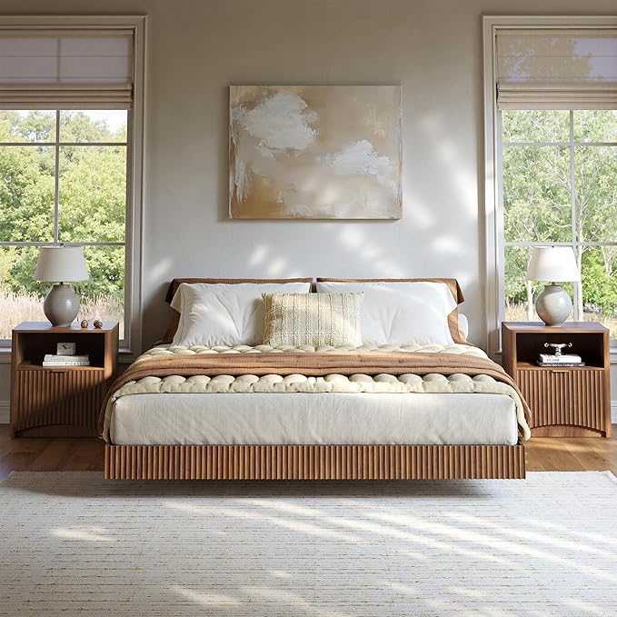 Evermagin Bedroom Furniture Set-Bed with 2 Nightstands, Mid Century Modern Bedroom Set, Floating Bed Frame Led Lights, Fluted Floating Room Furnitures, 3-Piece Room Set (Wal, Queen)