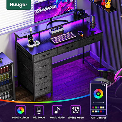 Huuger Gaming Desk with 6 Drawers, Computer Desk with LED Lights Power Outlets and Type-C, 39 Inch Office Desk with Storage, Monitor Stand, Writing Desk Work Desk Home Office, Bedroom, Black, 1CD100B