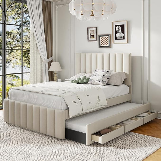 Bellemave Full Size Bed Frame with Twin Trundle Bed and Storage Drawers,Linen Upholstered Bed Frame,Full Size Trundle Bed with Adjustable Headboard for Kids Teens Adults,Beige