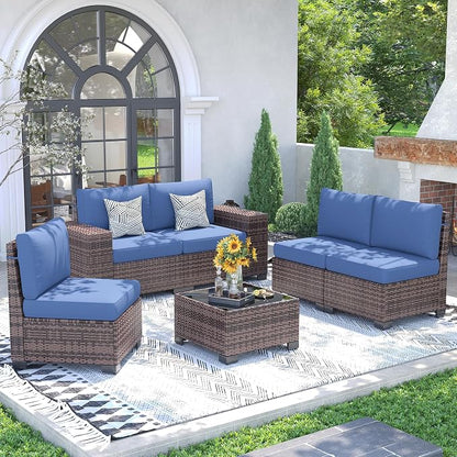 UDPATIO Patio Furniture Set, 8 Inch Armrest Outdoor Sectional Sofa with Wicker Coffee Table, 6 Piece Conversation for Garden, Backyard, Navy Blue