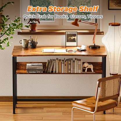 Huuger Folding Desk with Storage Shelf, 39.3 Inch Foldable Computer Table for Small Spaces, Space Saving Sofa Table for Couch, Writing Work Office Computer Desk, Easy to Fold, Rustic Brown