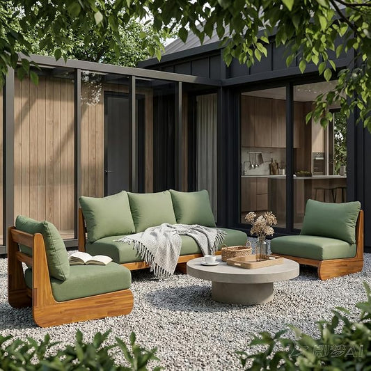 Merax 3 Piece Patio Outdoor Furniture Set, All-Weather Acacia Wood 3-Seater Daybed Sofa, 2 Chaise Lounge Chairs with Thick Cushions for Porch, Lawn, Backyard, Balcony, Green+Teak