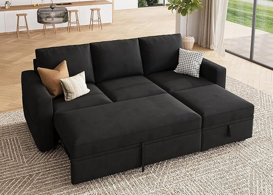 HONBAY Modular Sectional Sleeper Sofa with Pull Out Bed, L Shaped Couch with Storage Seat, Modular Sectional Couches for Living Room - Black