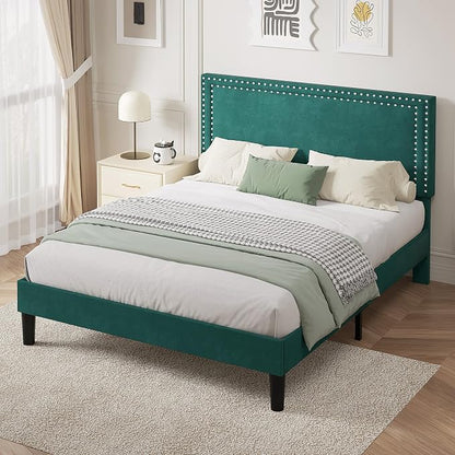 VECELO Full Size Platform Bed Frame with Height Adjustable Upholstered Headboard, Modern Mattress Foundation,Strong Wood Slat Support, No Box Spring Needed, Easy Assembly,Dark Green