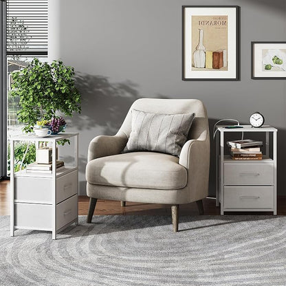 TUTOTAK End Table with Charging Station, Side Table with 2 USB Ports and Outlets, Nightstand with Cloth Drawer, Set of 2, Couch Table, White TB01BW052