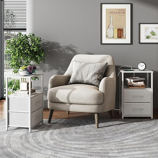TUTOTAK End Table with Charging Station, Side Table with 2 USB Ports and Outlets, Nightstand with Cloth Drawer, Set of 2, Couch Table, White TB01BW052