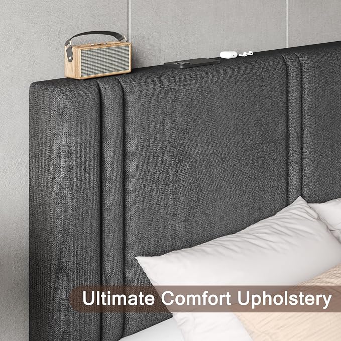 Einhomn Upholstered Queen Size Bed Frame with Linen Fabric Headboard, Strong Wooden Slats Support, Noise Free, No Box Spring Needed, Dark Grey