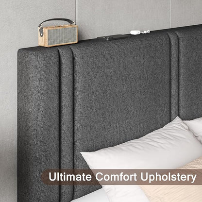 Einhomn Upholstered Queen Size Bed Frame with Linen Fabric Headboard, Strong Wooden Slats Support, Noise Free, No Box Spring Needed, Dark Grey