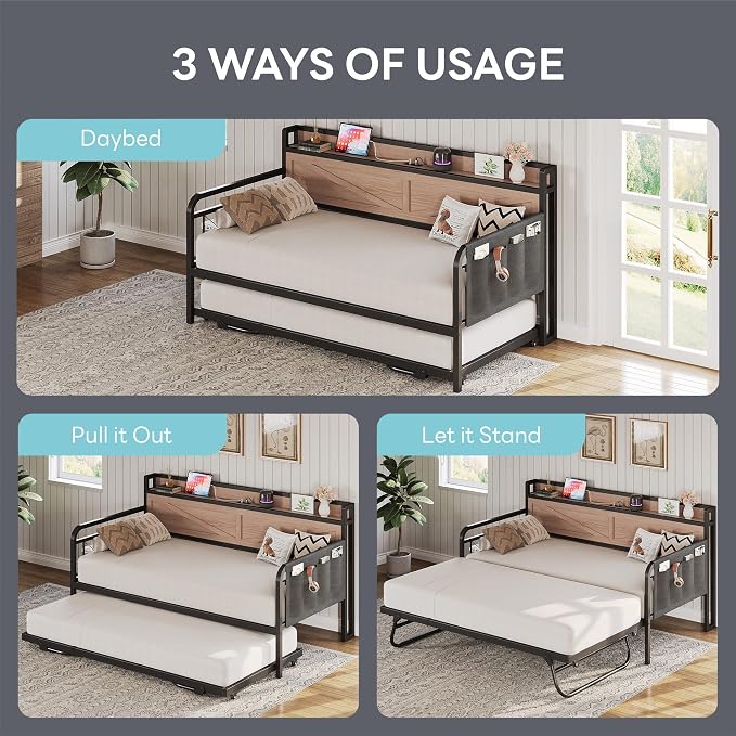 LIKIMIO Twin Daybed, Day Beds with Pop Up Trundle, Storage Headboard with Charging Station, Strong Supports for Apartment and Other Small Space, Wood Color