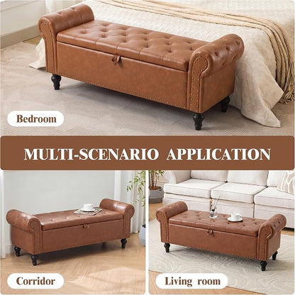 51" Storage Bench for Bedroom, Upholstered Ottoman Bench, Leather Brown | End of Bed Bench for Bedroom, Window Benches for Living Room, Entryway, Ottoman with Large Storage Space, Pet Friendly