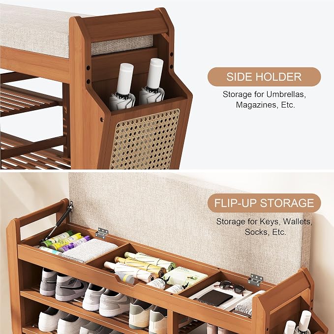 PETKABOO 39.4" Bamboo Shoe Rack Bench with Coat Rack, 3-Tier Entryway Bench with Thick Cushion, Flip-Top & Side Baskets, Holds Up to 550 LBS for Hallway, Living Room, Bedroom