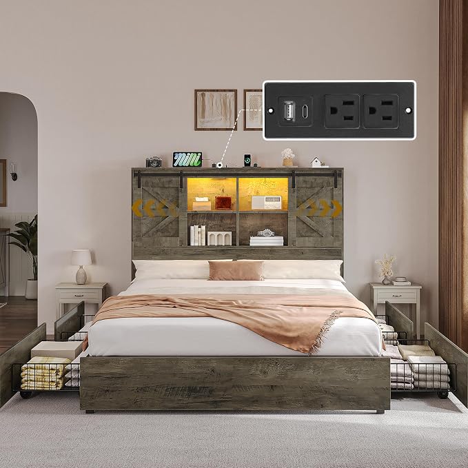 DWVO Farmhouse Queen Size Bed with 50" Tall Storage Bookcase Headboard, Sliding Barn Door, 4 Storage Drawers, RGB LED Bed Frame w/Type-C&USB Charging Station, No Box Spring Needed, Antique Grey