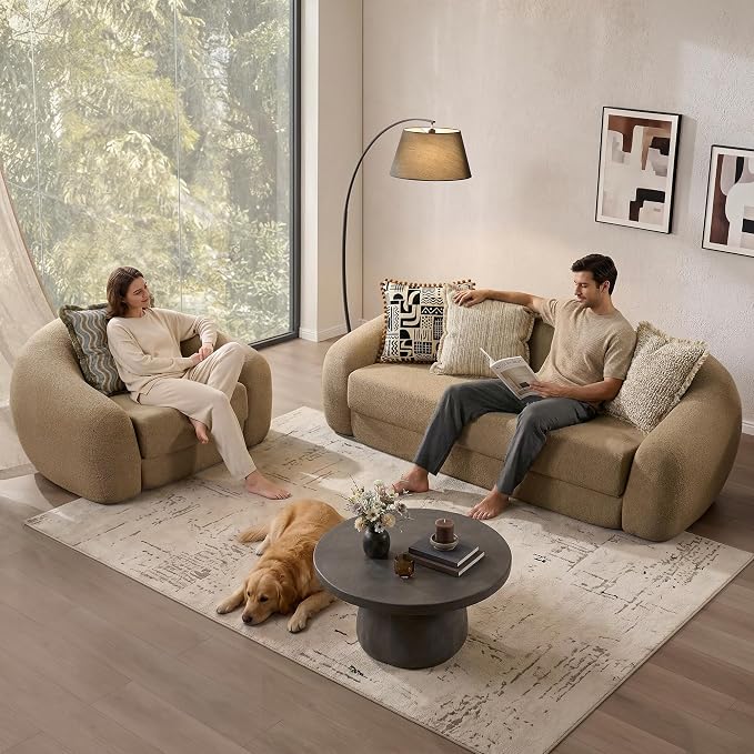 SICOTAS 49.9" Curved Convertible Sofa Couch Bed for Living Room Futon Cloud Boneless Sleeper Chair Pull Out Floor Couch with Deep Seat Single Sofa Foam Lounger No Assembly for Bedroom Apartment, Brown