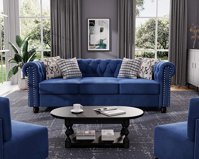 Morden Fort 3 Piece Classic Chesterfield 6-Seater Set, Tufted Chair & Loveseat & Sofa Solid Wood Legs Thick Cushion, Pet-Friendly Couch Set Furniture for Living Room Bedroom Apartment, Velvet Blue