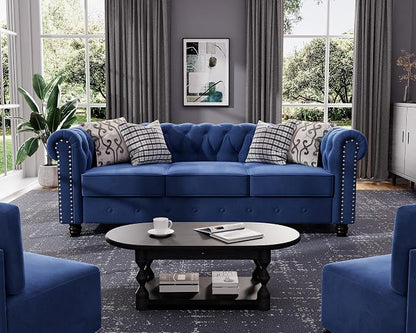 Morden Fort 3 Piece Classic Chesterfield 6-Seater Set, Tufted Chair & Loveseat & Sofa Solid Wood Legs Thick Cushion, Pet-Friendly Couch Set Furniture for Living Room Bedroom Apartment, Velvet Blue