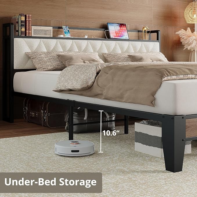 ANCTOR California King Bed Frame, Storage Headboard with Charging Station, Platform Bed Frame with Strong Metal Support, Sturdy & Stable, Noise Free, No Box Spring Needed, Easy Assembly,Wood and Cream