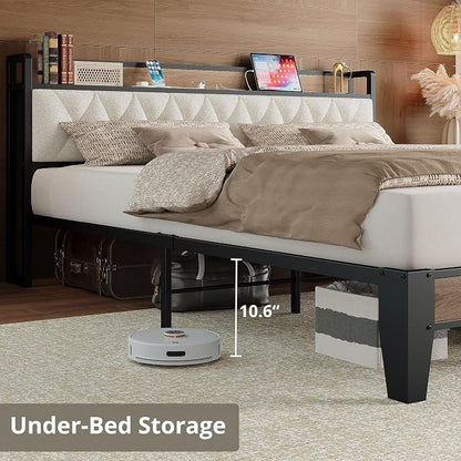 ANCTOR California King Bed Frame, Storage Headboard with Charging Station, Platform Bed Frame with Strong Metal Support, Sturdy & Stable, Noise Free, No Box Spring Needed, Easy Assembly,Wood and Cream