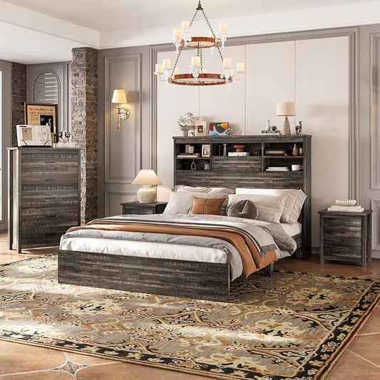 5 Piece Bedroom Furniture Sets, Rustic Style Bedroom Furniture Sets with 1 Queen Size Platform Bed, 2 Drawers and 1 Dresser for Living Room, Farmhouse Bedroom Set, Antique Gray