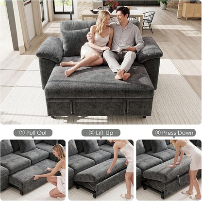 Ihanherry 61" Loveseat Sleeper Sofa, 2-in-1 Pull Out Couch Bed with 2 Pillows, Chenille Convertible Sofa Bed, Small Space Sleeper Couch for Living Room Apartment (Grey)