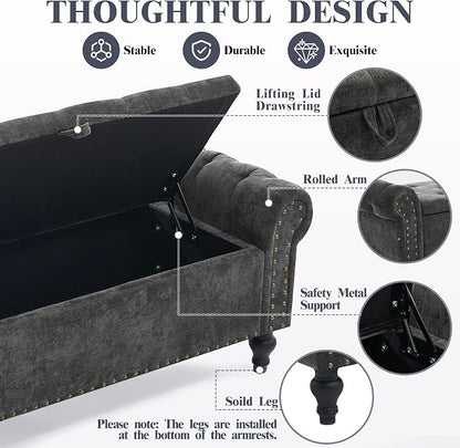 51" Storage Bench for Bedroom, Upholstered Ottoman Bench, Chenille DarkGray | End of Bed Bench for Bedroom, Window Benches for Living Room, Entryway, Ottoman with Large Storage Space, Pet Friendly