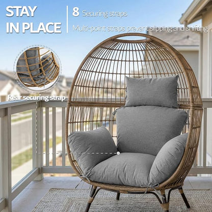 Egg Chair Cushion with 8 Securing Straps, Water-Repellent & Fade-Resistant Faux Linen, Removable Cover, Replacement Cushion for Most Single Outdoor Hanging Swing Egg Chairs – Dark Grey