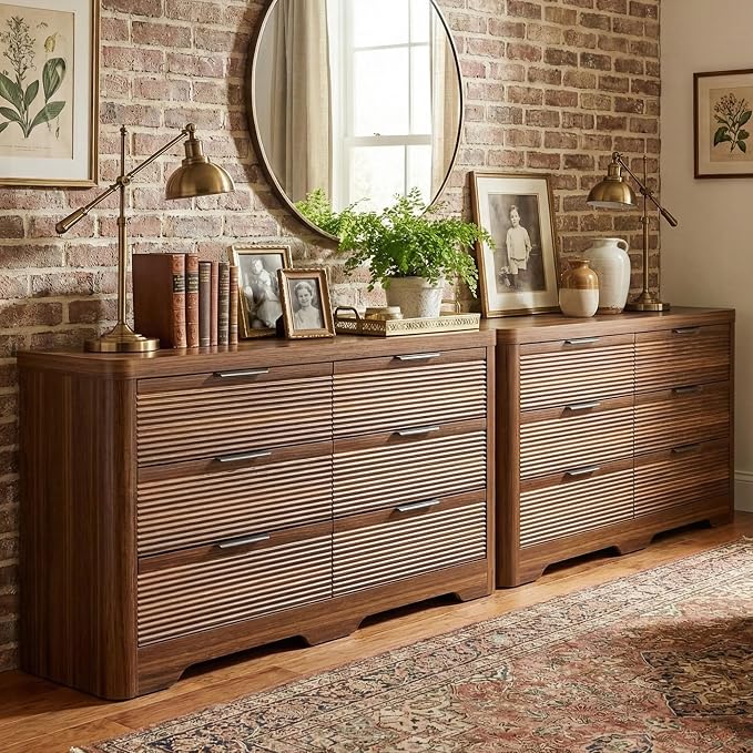 FUSUNBAO Fluted 6 Drawer Dresser, Modern Wood Dresser for Bedroom,TV Stand,Thickened Curved Profile Design,Bedroom,Entryway,Wood Drawer Organizer (Dark Walnut)