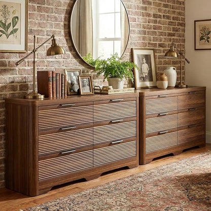 FUSUNBAO Fluted 6 Drawer Dresser, Modern Wood Dresser for Bedroom,TV Stand,Thickened Curved Profile Design,Bedroom,Entryway,Wood Drawer Organizer (Dark Walnut)