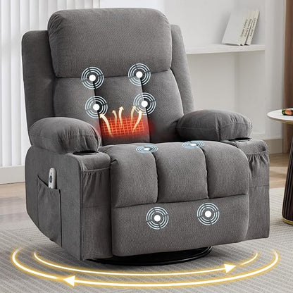 MAHOMICO Swivel Rocker Recliner Chair with Vibration Massage and Heat for Living Room,with Rocking Function and Side Pocket, USB Charge Port,2 Cup Holders