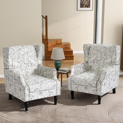 High Back Floral Accent Chair, Fabric Wingback Chair Upholstered Armchair for Living Room - Rococo Light Gray
