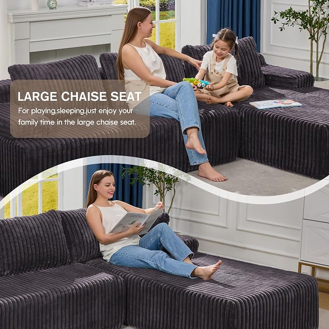 Hobestluk Boneless Couch Modular Sectional Sofa L-Shape Oversized Chaise | 108" Right Facing Chaise Darkgrey,Memory Foam,Removable Cover,Non-slip Bottom,No Assemble Required,Living Room Furniture