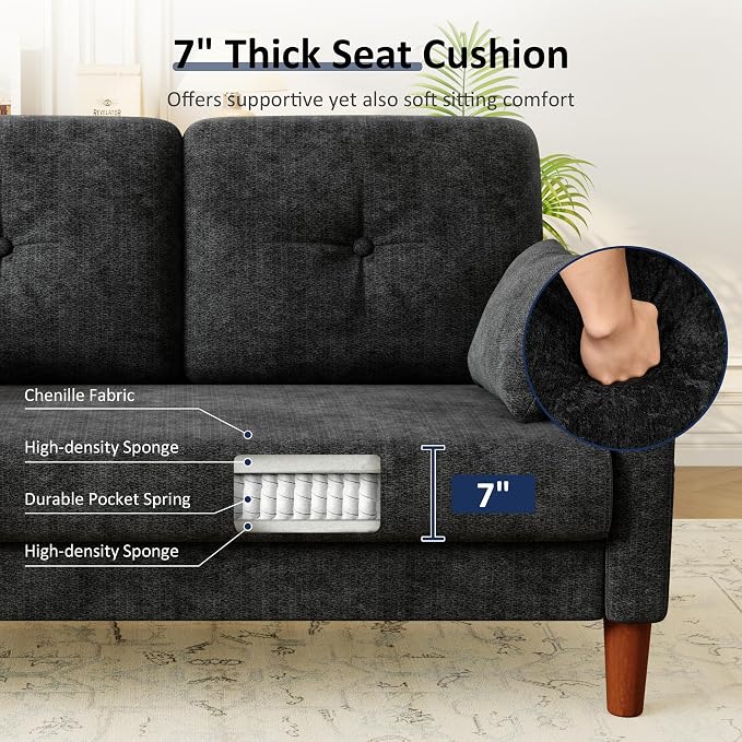 Vipbear 48" Loveseat Sofa,Modern Small Couches for Small Spaces,Black Chenille Love Seat Couch for Living Room,Bedroom,Apartment,Office,Deep Seat,Throw Pillow,Side Pockets,Square Armrest