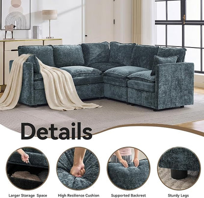 80" Blue Modular Storage Sofa, V Shaped Chenille Cloud Couch with Armrest | Oversized Convertible Sectional Sofa, 5-Seat Sectional Couch With Armrests, Large Cloud Couch For Living Room, Apartment.