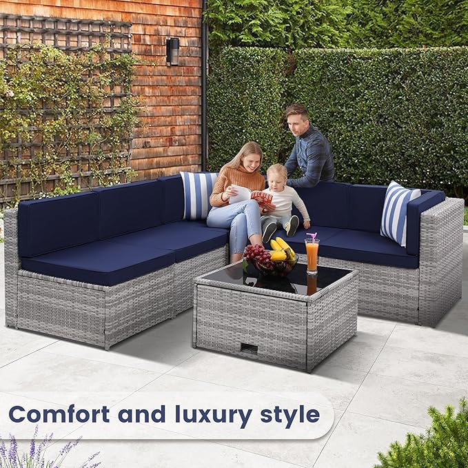 KROFEM 8-Piece Patio Furniture Set, Outdoor Wicker Rattan Sectional with Thick Cushions, Glass Top Table with Hidden Storage, Outdoor Conversation Set for Backyard, Porch, Patio, Blue